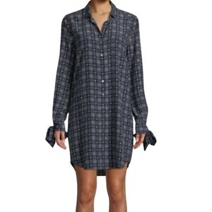 EQUIPMENT Manning Dress True Black Multi Rose Plaid Print Shirt Dress Tie Sleeve
